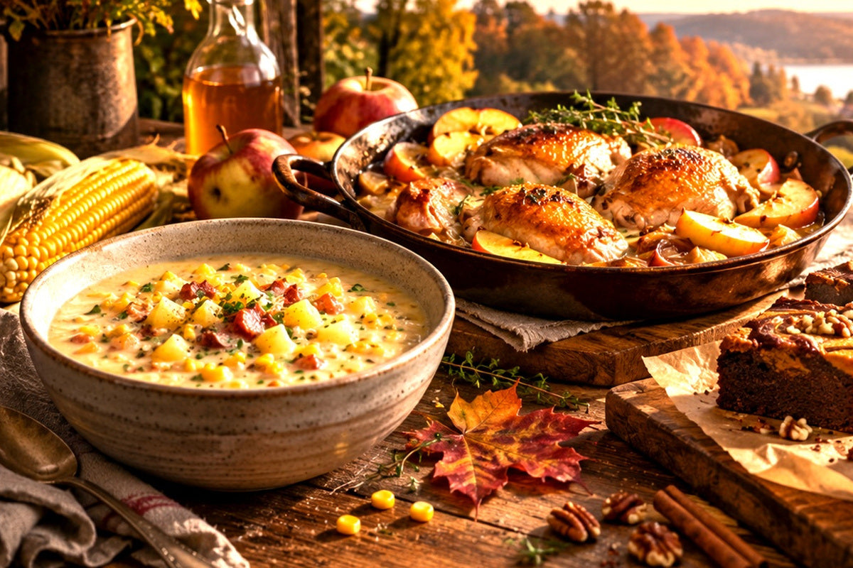 Podzimní stůl s Corn Chowder, kuřetem s jablky a ciderem a Pumpkin Brownies