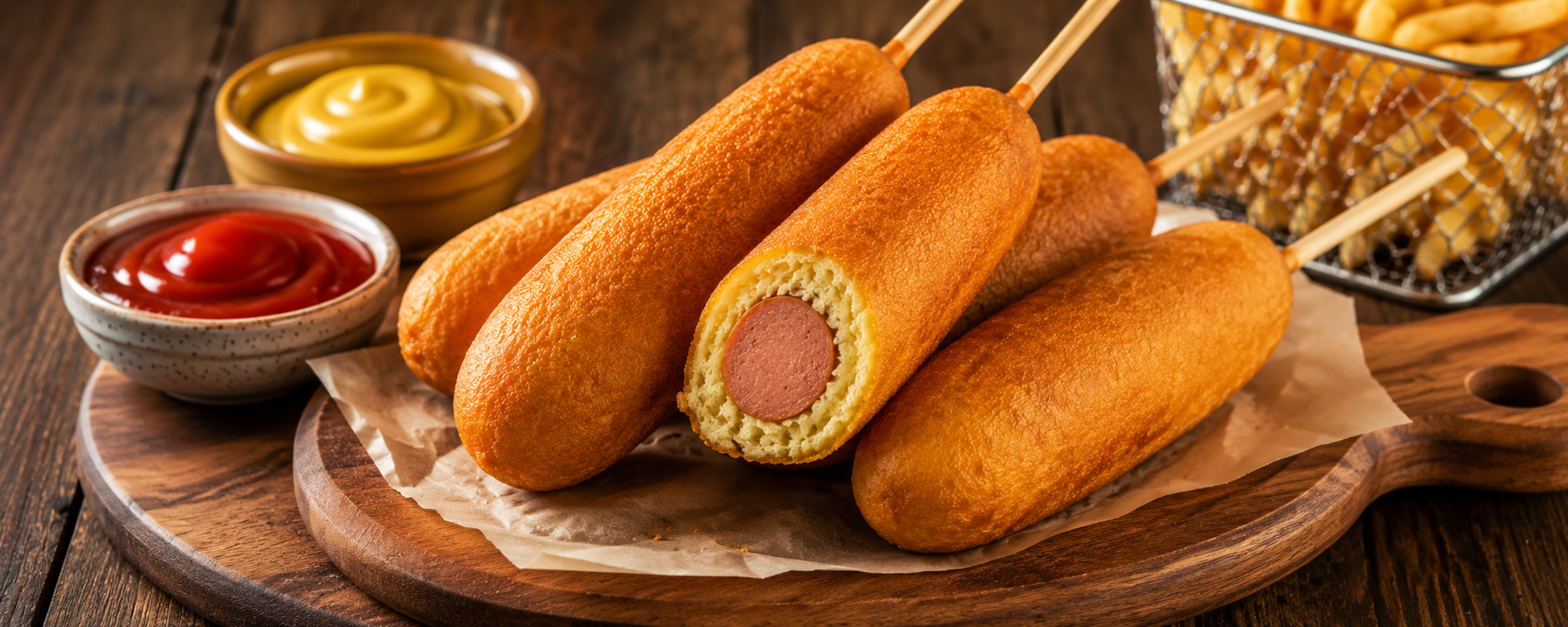 Americké corn dogs s kečupem, hořčicí a hranolky