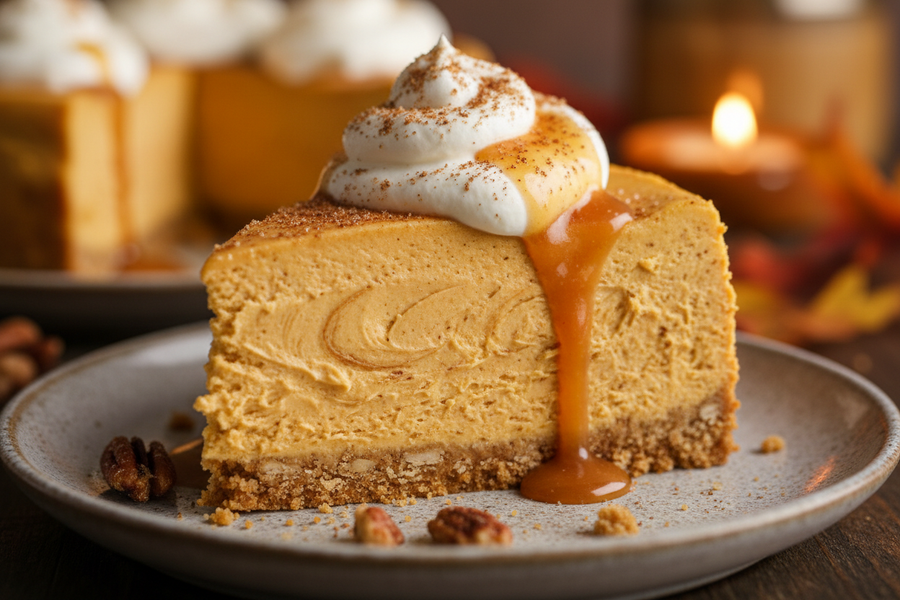 Nepečený dýňový cheesecake s pumpkin spice, šlehačkou a karamelovou omáčkou