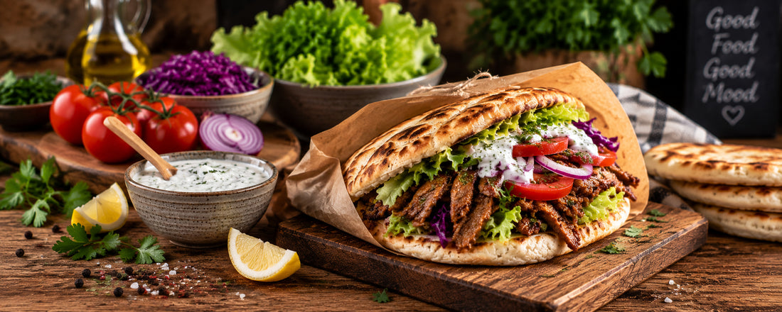 Domácí döner kebab s čerstvým chlebem a jogurtovou omáčkou