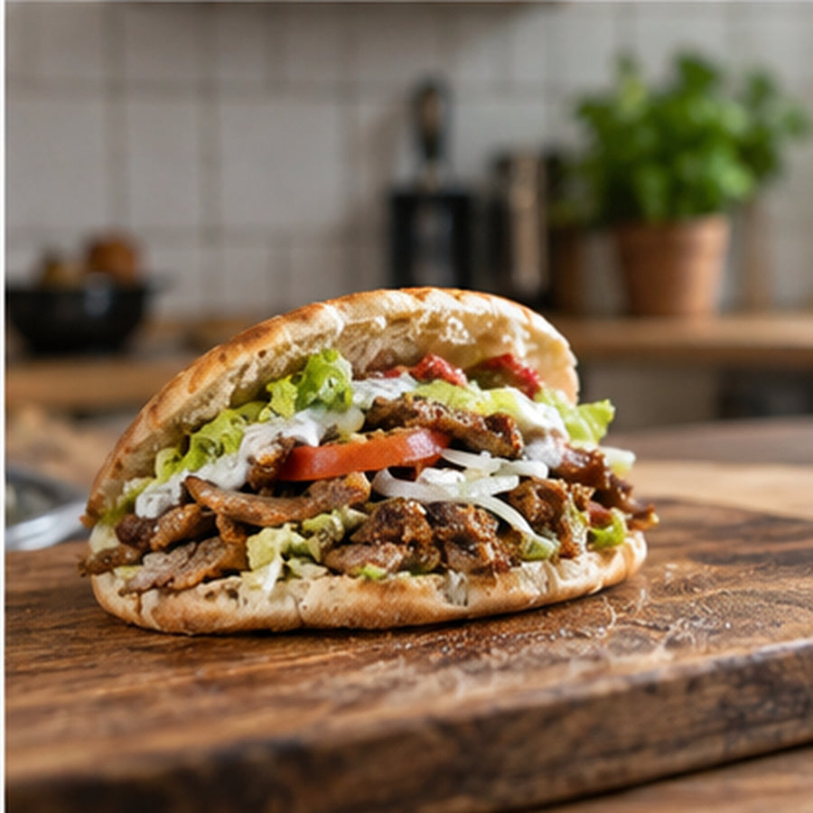 Hotový domácí döner kebab s masem, zeleninou a jogurtovou omáčkou