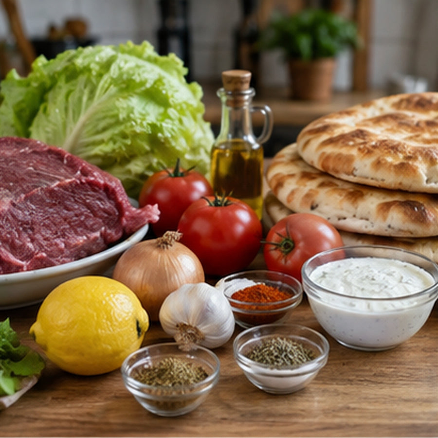 Suroviny na domácí döner kebab: maso, chléb, zelenina, jogurtová omáčka a koření