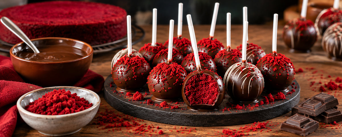 Dortová lízátka z red velvet korpusu v čokoládové polevě s červeným zdobením
