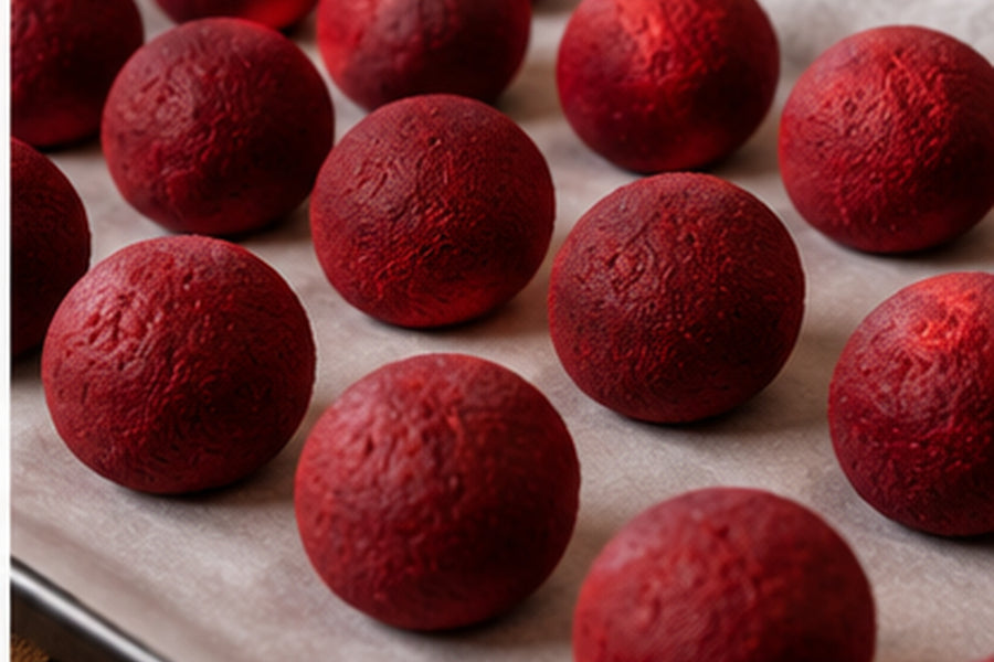 Vytvarované kuličky z red velvet korpusu připravené na dortová lízátka