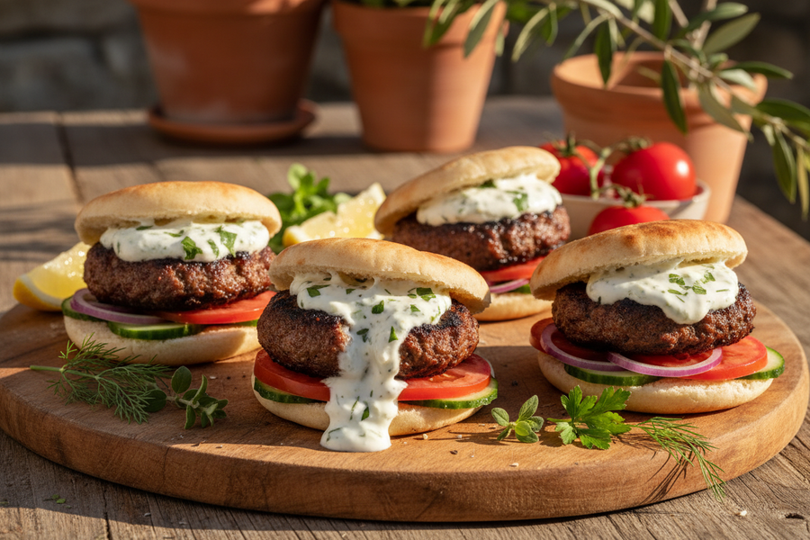 Řecké bifteki burgery plněné fetou v pita chlebu s tzatziki