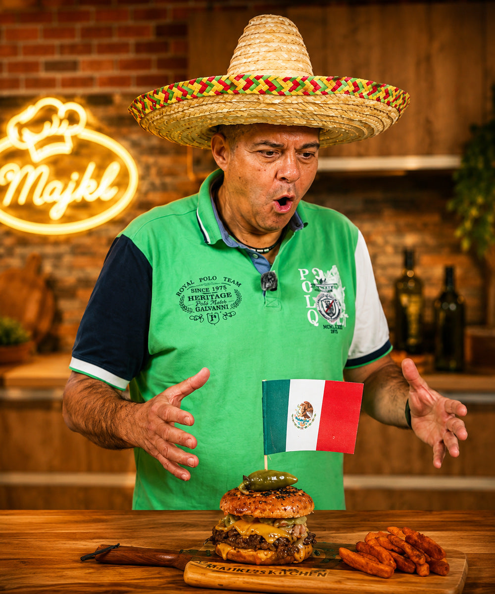 El Bandito Burger s trhaným hovězím, guacamole a Tajín majonézou