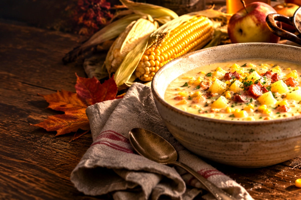 Krémová kukuřičná polévka Corn Chowder s bramborami a kukuřicí