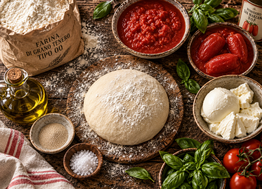 Suroviny na domácí pizzové těsto a klasické italské servírování