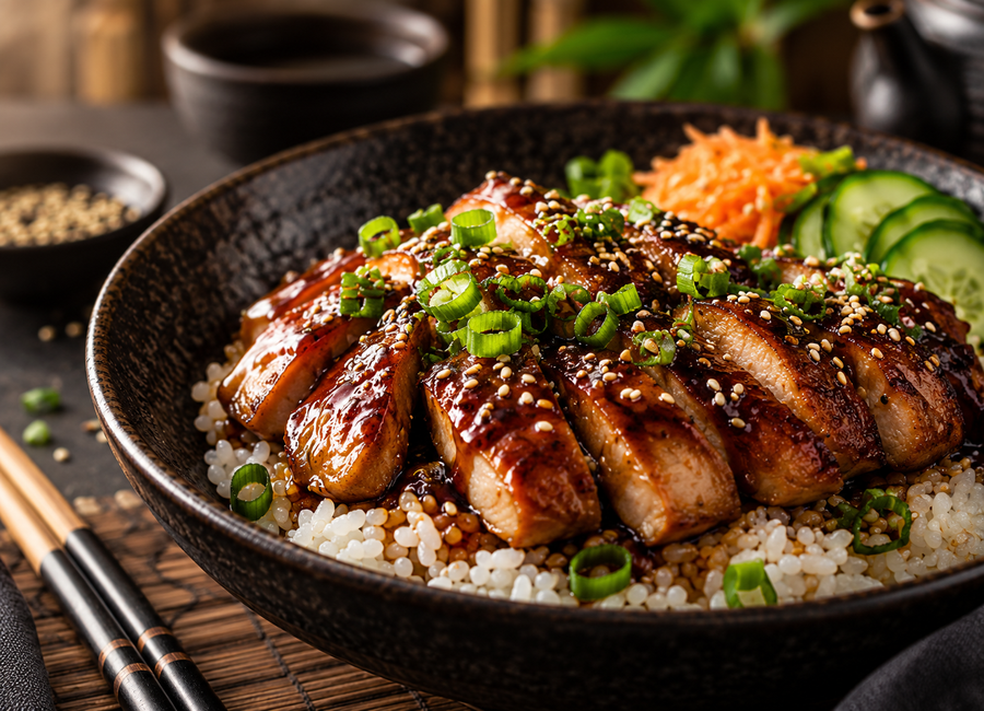 Detail lesklého kuřecího teriyaki se sezamem a jarní cibulkou