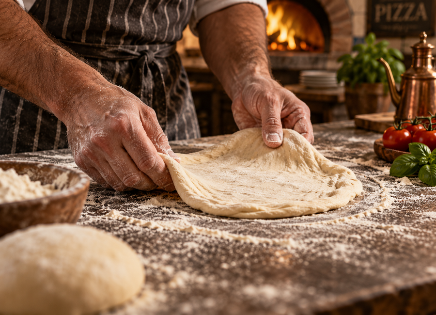 Ruční tvarování vykynutého pizzového těsta na pomoučené pracovní ploše