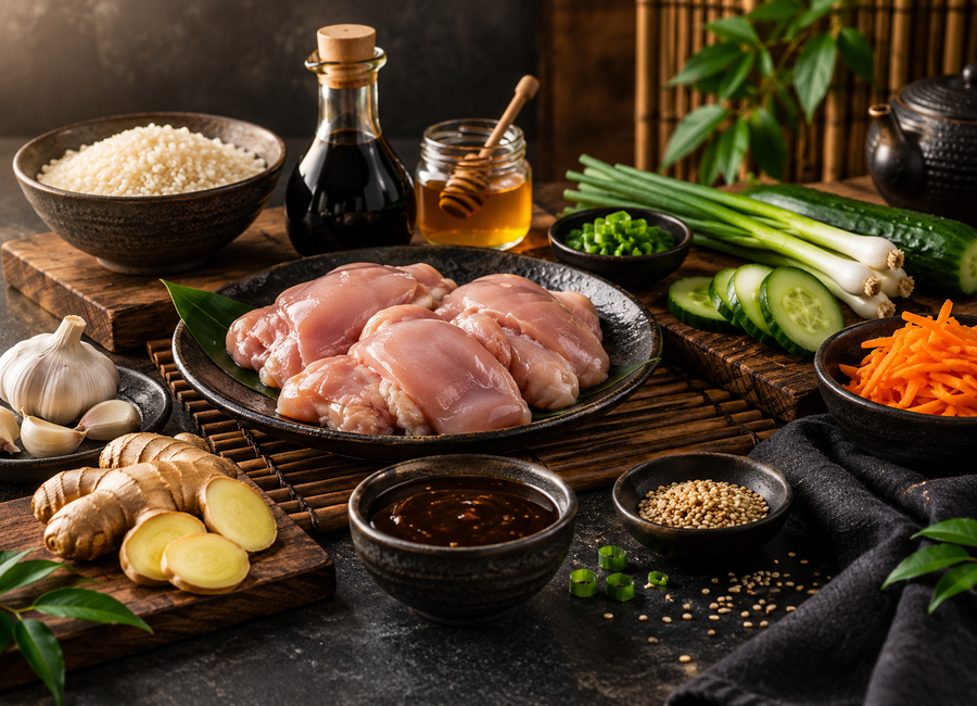 Suroviny na domácí kuřecí teriyaki a teriyaki omáčku