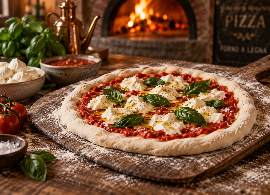 Připravená pizza před pečením s rajčatovým základem, sýrem a bazalkou