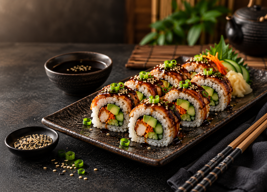 Teriyaki sushi rolka s kuřetem, avokádem a sezamem
