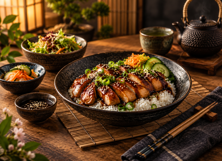 Kuřecí teriyaki s rýží v japonsky laděném servírování