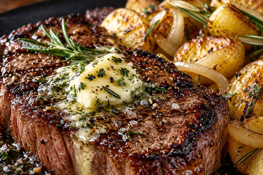 Grilovaný hovězí steak s rozpouštějícím se bylinkovým máslem, opečenými bramborami, cibulí a rozmarýnem