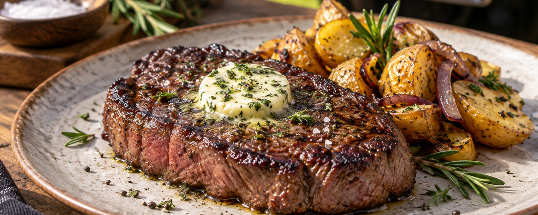 Grilovaný hovězí steak s bylinkovým máslem a bramborami