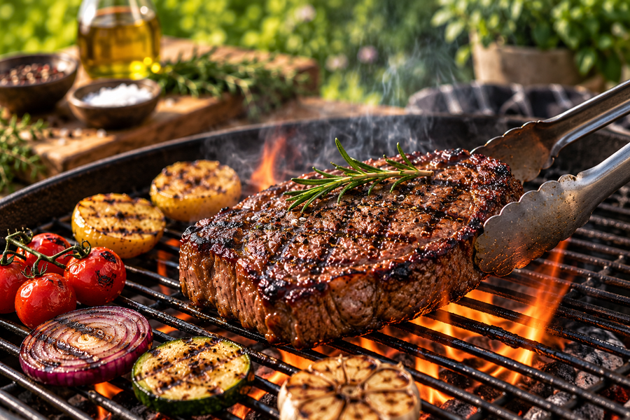 Hovězí steak se opéká na rozpáleném grilu s rozmarýnem a grilovanou zeleninou