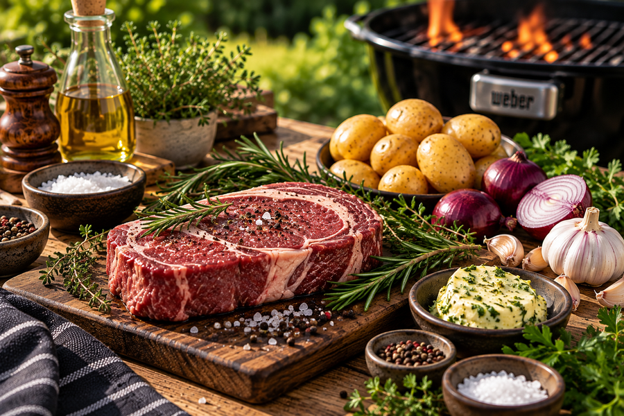 Syrový hovězí steak s bramborami, cibulí, česnekem, rozmarýnem a bylinkovým máslem před grilováním