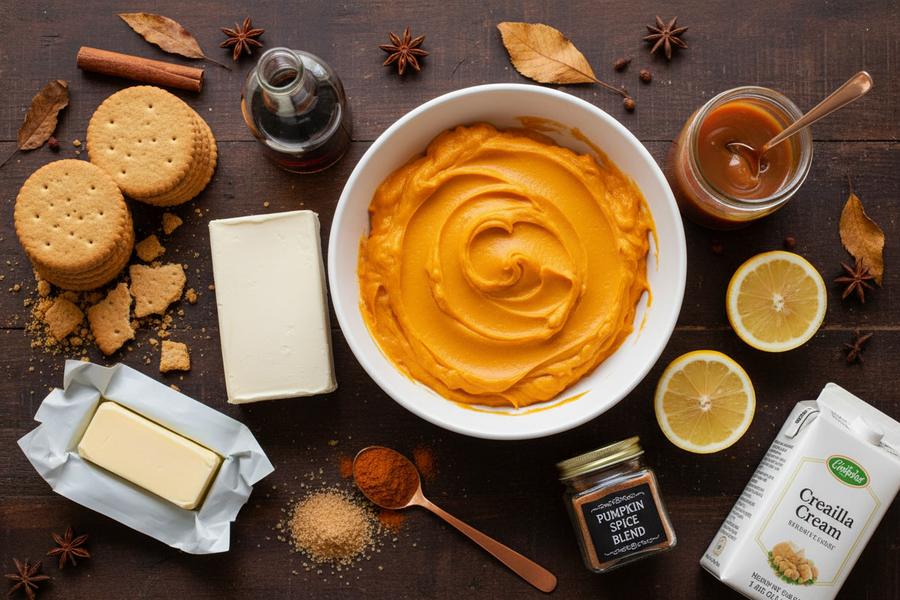 Nepečený dýňový cheesecake s pumpkin spice, šlehačkou a karamelovou omáčkou