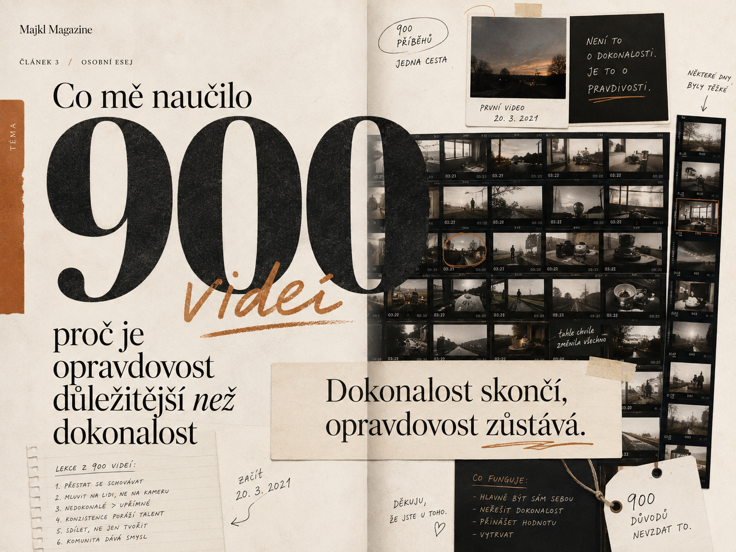 Editorialní obrazová stěna s číslem 900 a drobnými filmovými políčky symbolizujícími stovky natočených videí