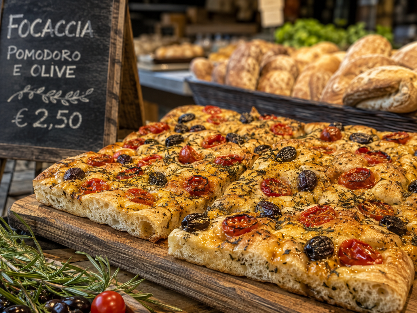 Čerstvě upečená focaccia barese s rajčaty, olivami a oreganem