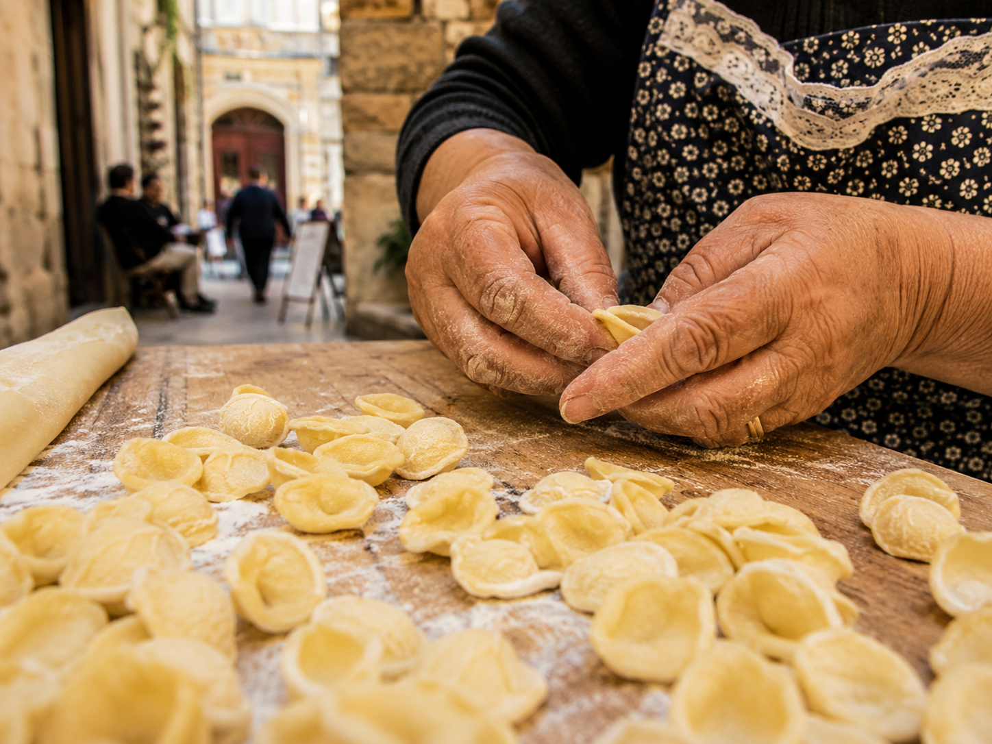 Ruční tvarování těstovin orecchiette v ulicích Bari Vecchia