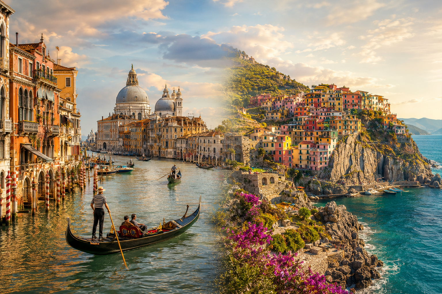 Cestovatelský diptych Benátek a barevných pobřežních vesnic Cinque Terre