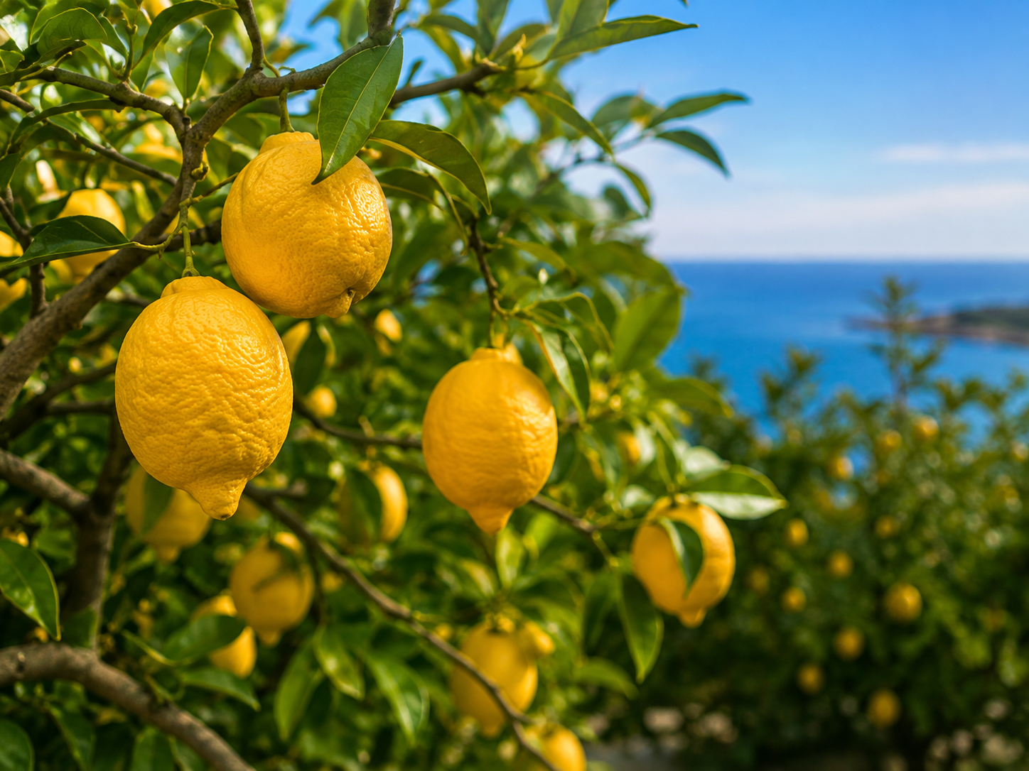Zralé citrony na stromě nad modrým mořem na slunném italském pobřeží