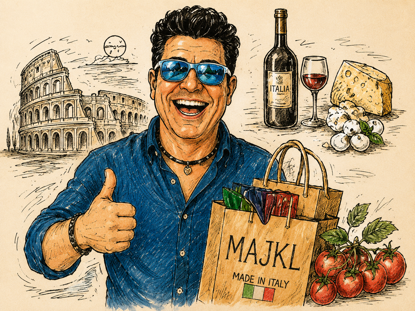 Ručně kreslená ilustrace Majkla s nákupní taškou, italským jídlem, vínem a Koloseem jako hravý nákupní kompas