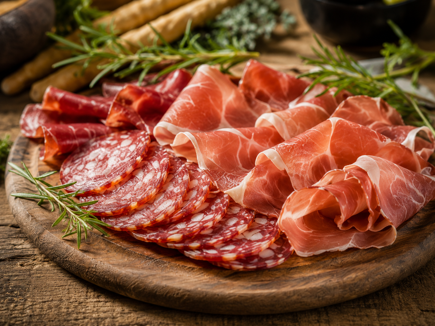 Dřevěné prkénko s prosciuttem a italskými uzeninami doplněné rozmarýnem