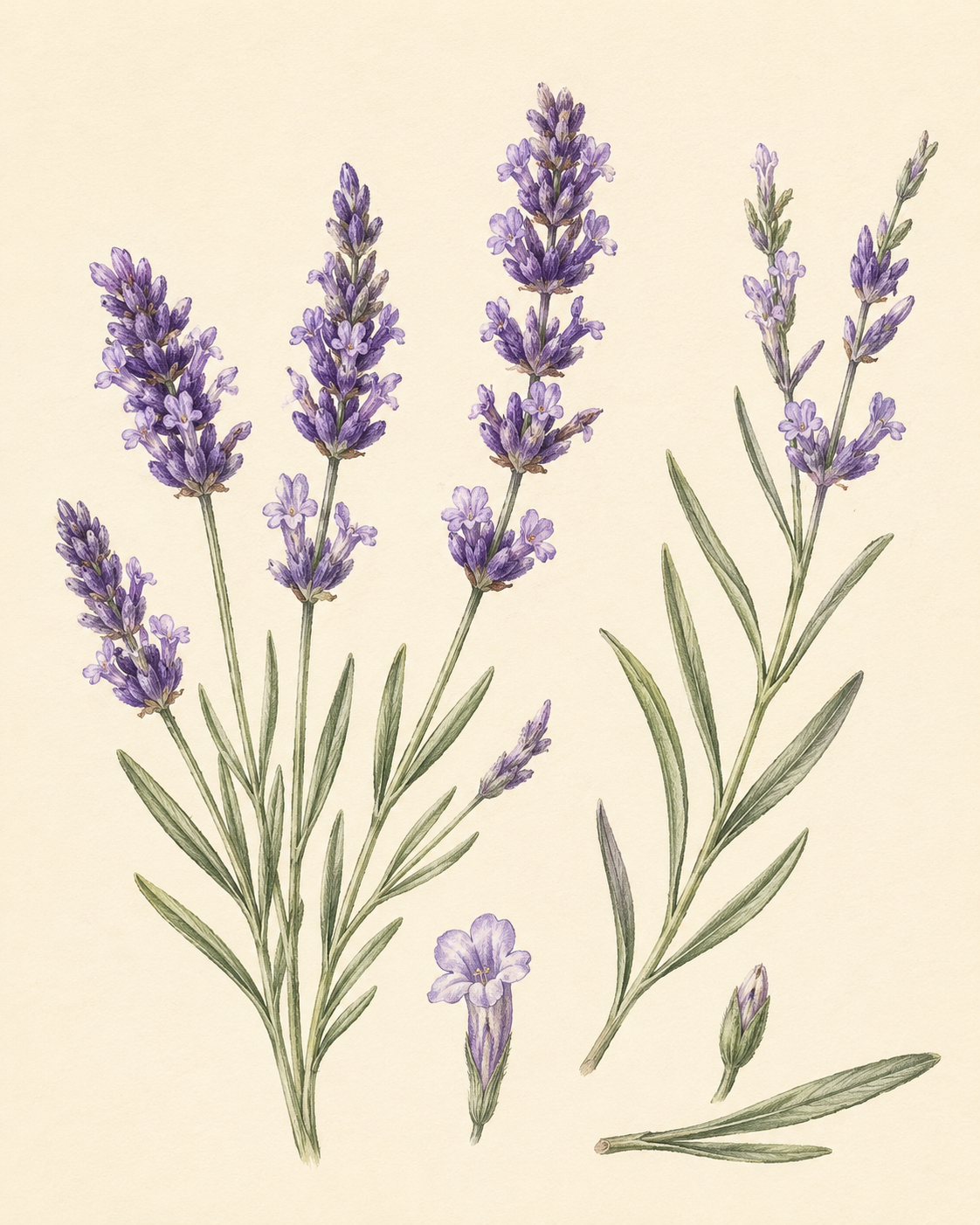 Jemná botanická ilustrace levandule s českými popisky částí rostliny na teplém krémovém podkladu