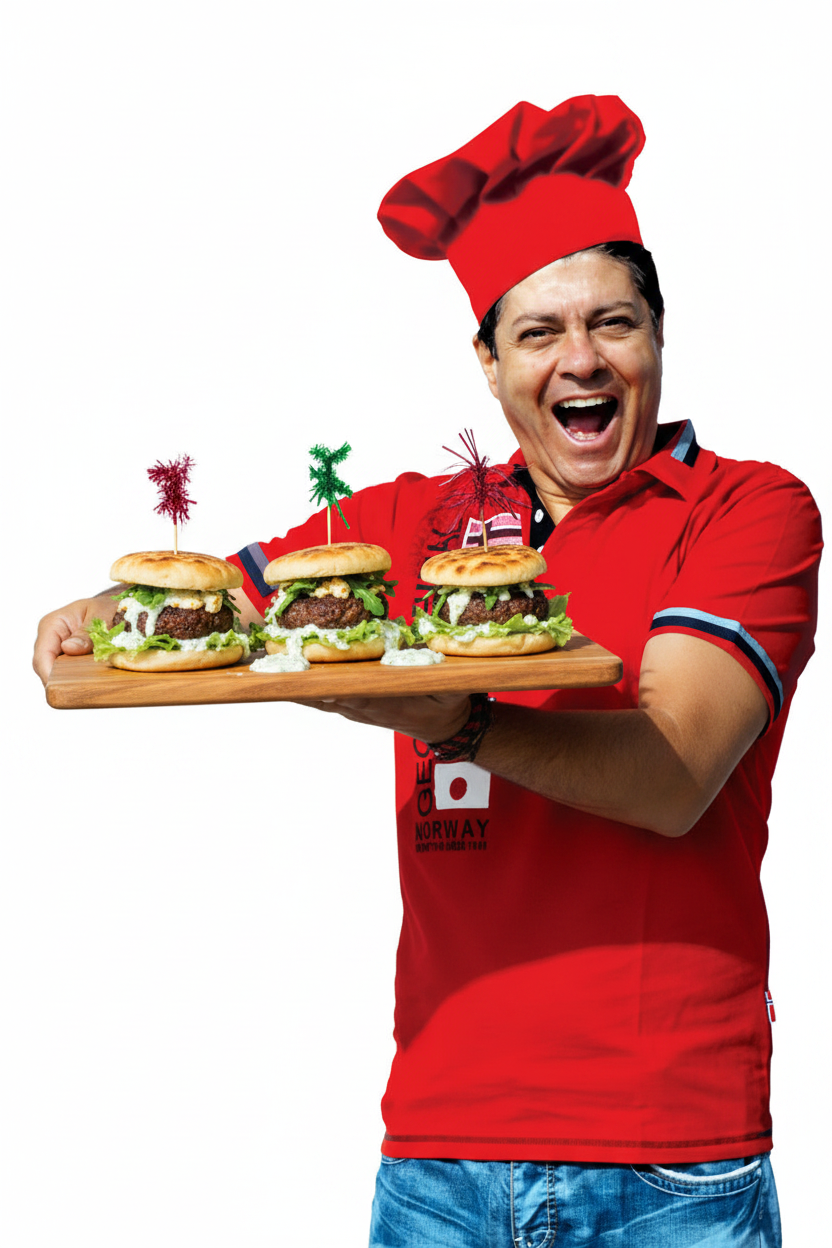 Řecké bifteki burgery plněné fetou v pita chlebu s tzatziki