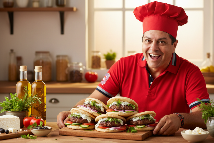 Řecké bifteki burgery plněné fetou v pita chlebu s tzatziki