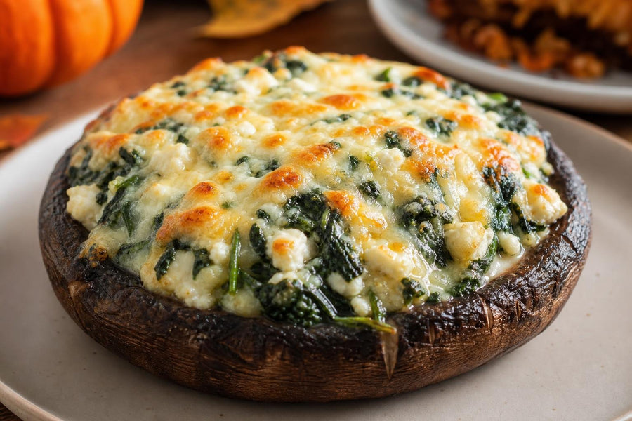Vegetariánská plněná Portobello houba se špenátem, fetou a mozzarellou.
