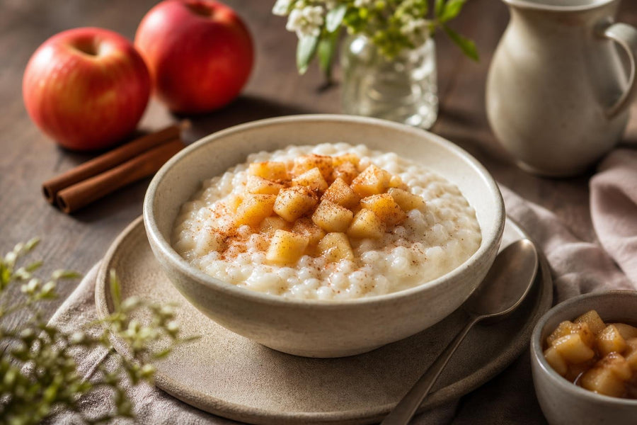 Stylová food fotografie receptu Mléčná rýže s jablky a skořicí.