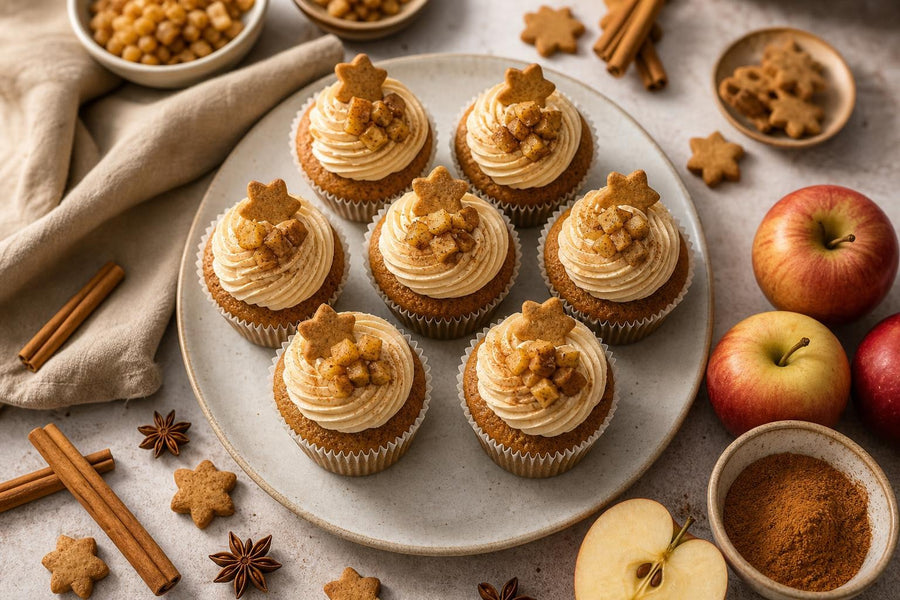 Pohled shora na servírování receptu Jablečné cupcakes s vánočním kořením a máslovým javorovým krémem.