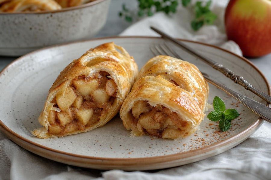 Naservírovaný recept Jablečné knedlíky z listového těsta na stole.