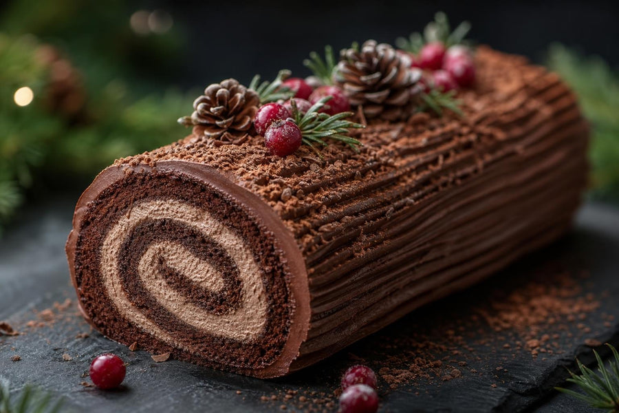 Detail hotového pokrmu Bûche de Noël – francouzská vánoční roláda.