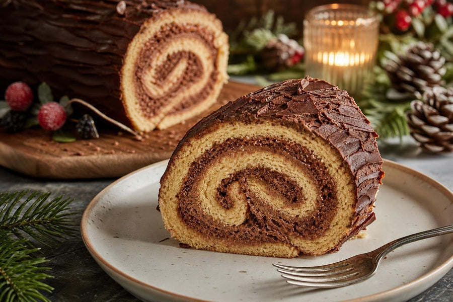 Naservírovaný recept Bûche de Noël – francouzská vánoční roláda na stole.