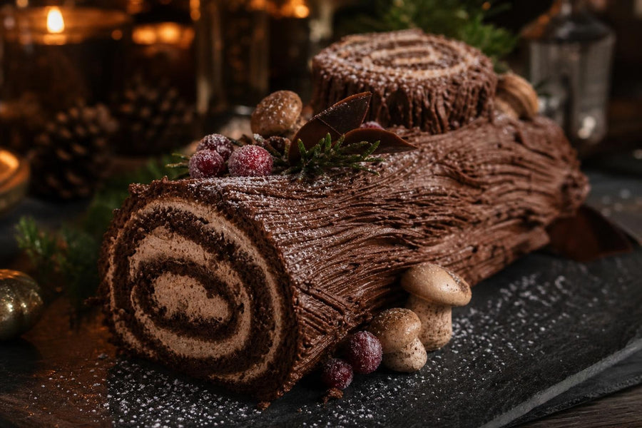 Stylová food fotografie receptu Bûche de Noël – francouzská vánoční roláda.