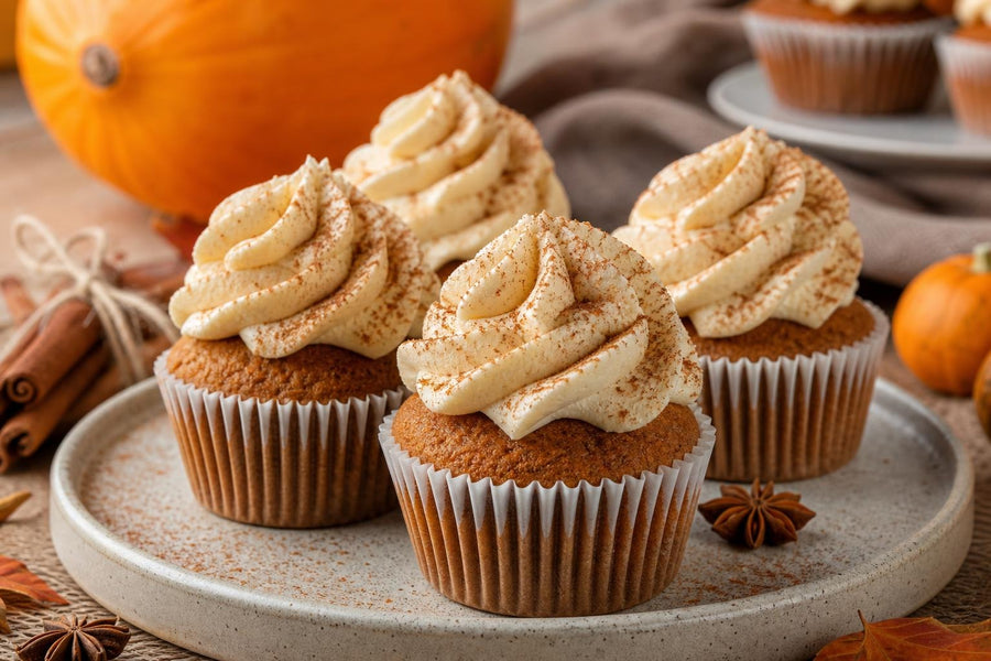 Naservírovaný recept Dýňové cupcakes s pumpkin spice na stole.