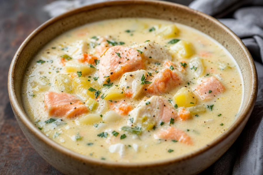 Detail hotového pokrmu Slavnostní rybí chowder ze Seattlu.