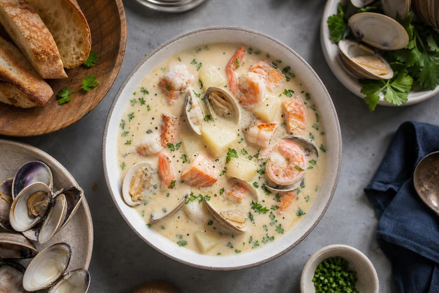 Pohled shora na servírování receptu Slavnostní rybí chowder ze Seattlu.