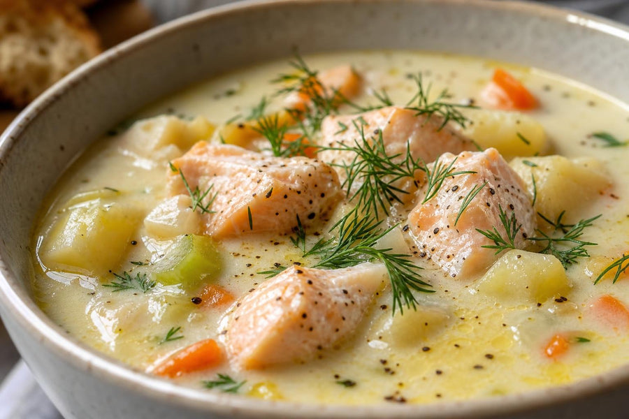Detail textury a ozdoby receptu Slavnostní rybí chowder ze Seattlu.