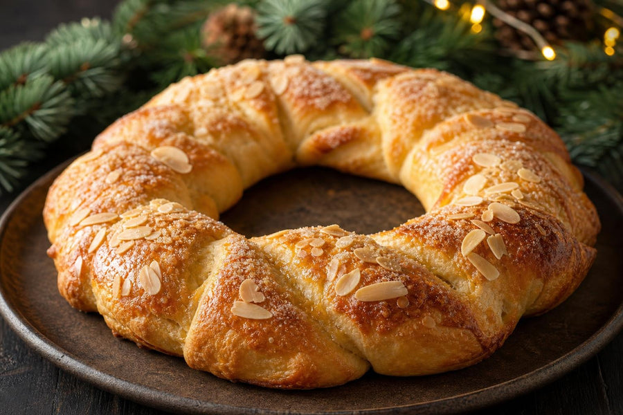 Detail hotového pokrmu Vánoční věnec Kerstkrans s mandlovou náplní.