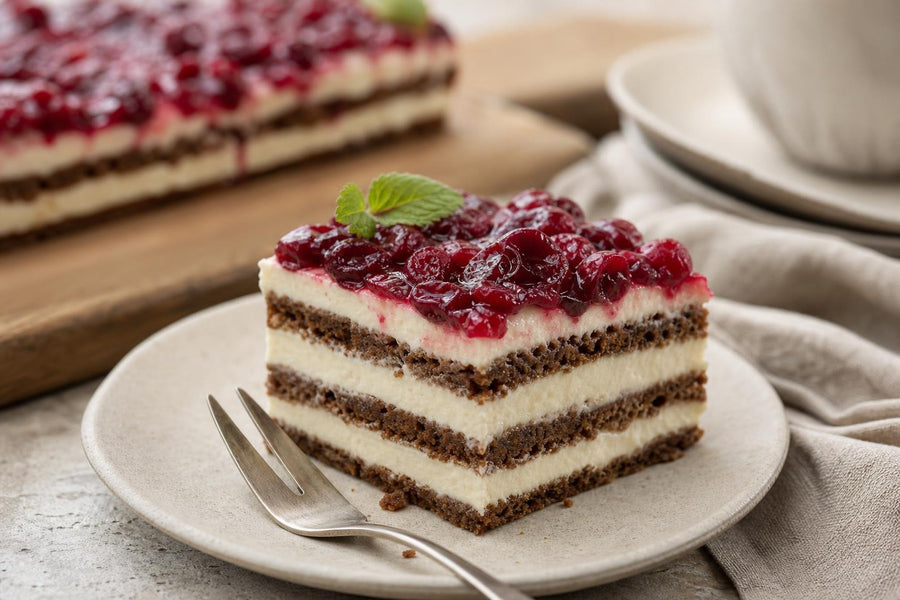 Naservírovaný recept Lotyšský žitný dezert Rupjmaizes kārtojums na stole.