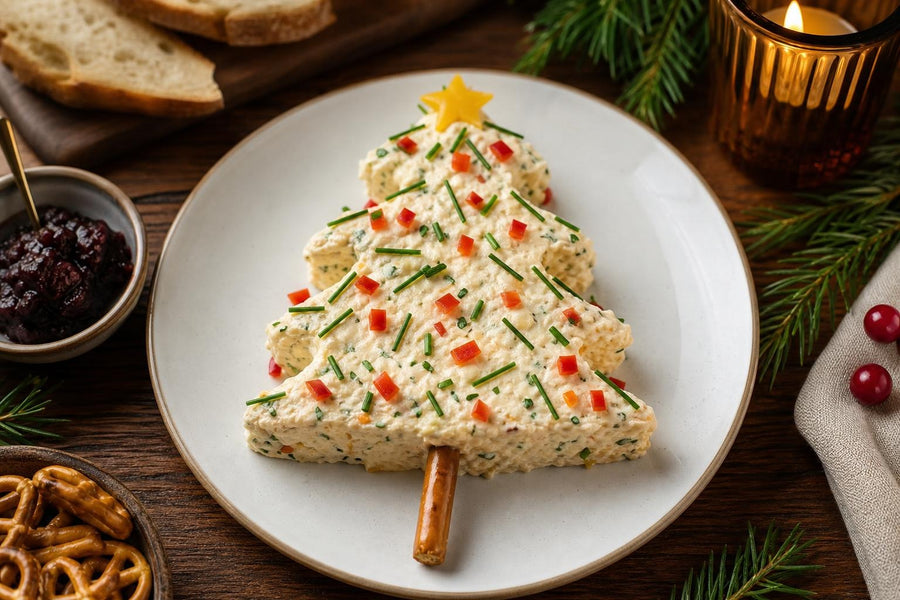 Stylová food fotografie receptu Sýrová pomazánka ve tvaru vánočního stromečku.