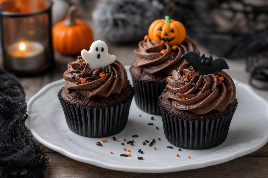 Naservírovaný recept Čokoládové cupcakes s halloweenskou dekorací na stole.