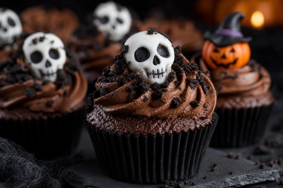 Detail textury a ozdoby receptu Čokoládové cupcakes s halloweenskou dekorací.