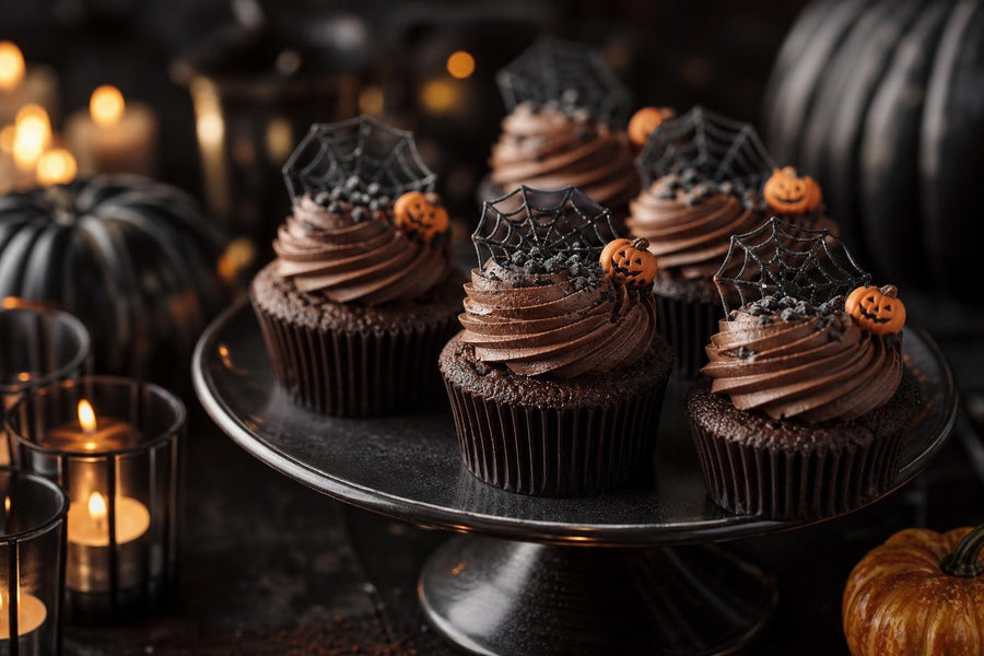Stylová food fotografie receptu Čokoládové cupcakes s halloweenskou dekorací.